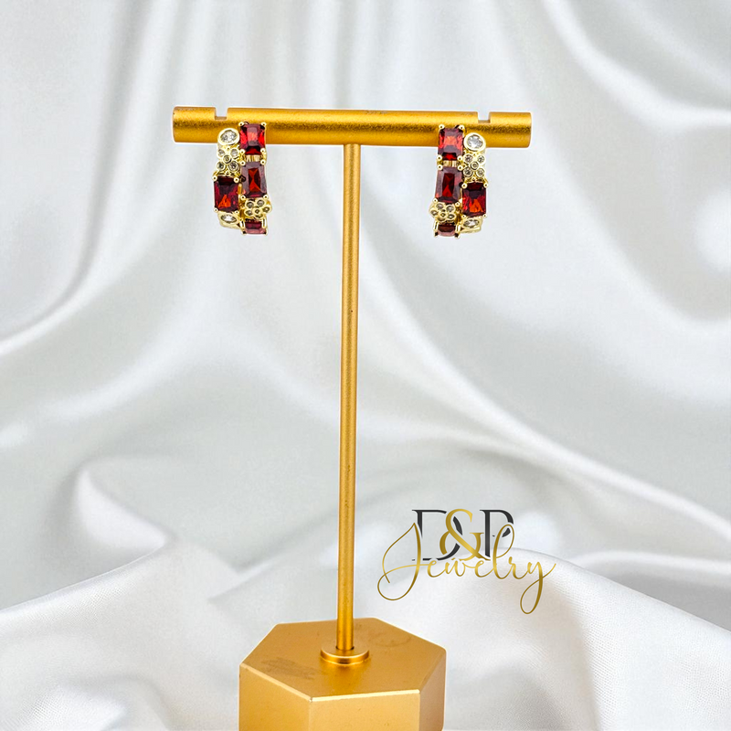 14K GOLD /SHORT COLOR STONES 4 VARIANT HOOP EARRING HP819