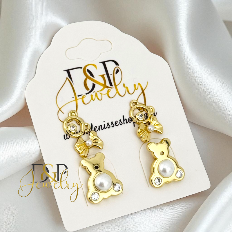 14K BEAR/PEARL DESIGN STUD SET EARRING E956
