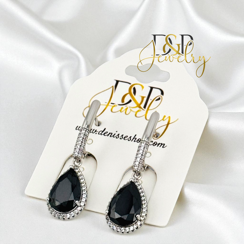 14K SILVER BLACK DROP STONE HUGGIE EARRINGS E950