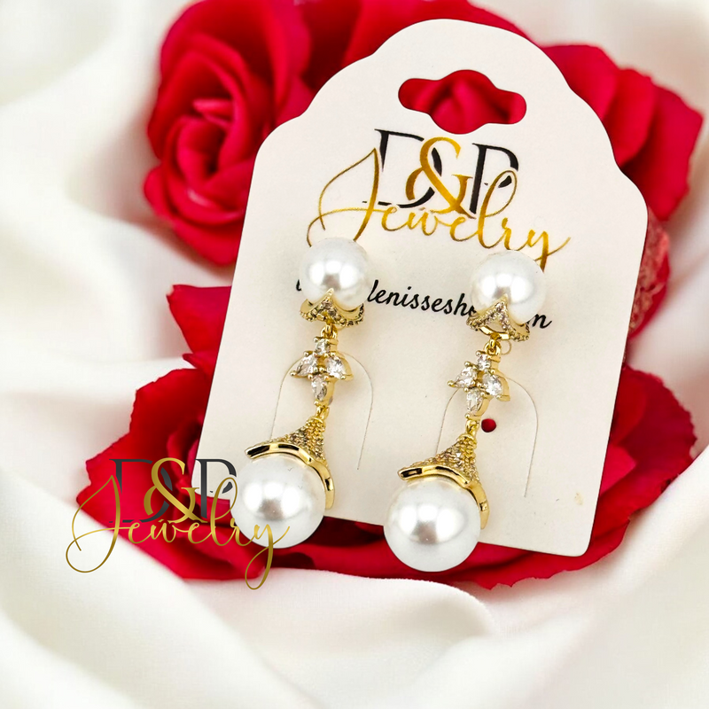 14K ELEGANT LONG PEARL EARRING E893