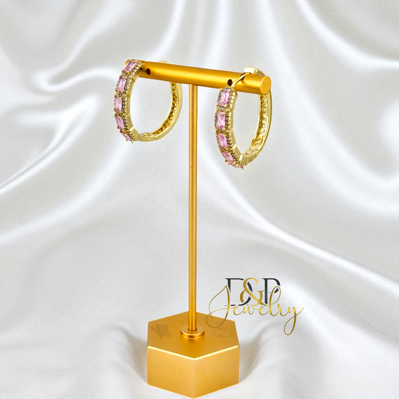14K GOLD /PINK STONES HOOP EARRING HP832
