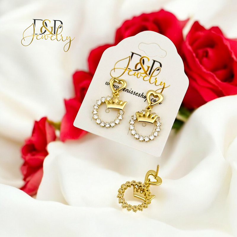 14K FANCY HEART CROWN DESIGN EARRING E884