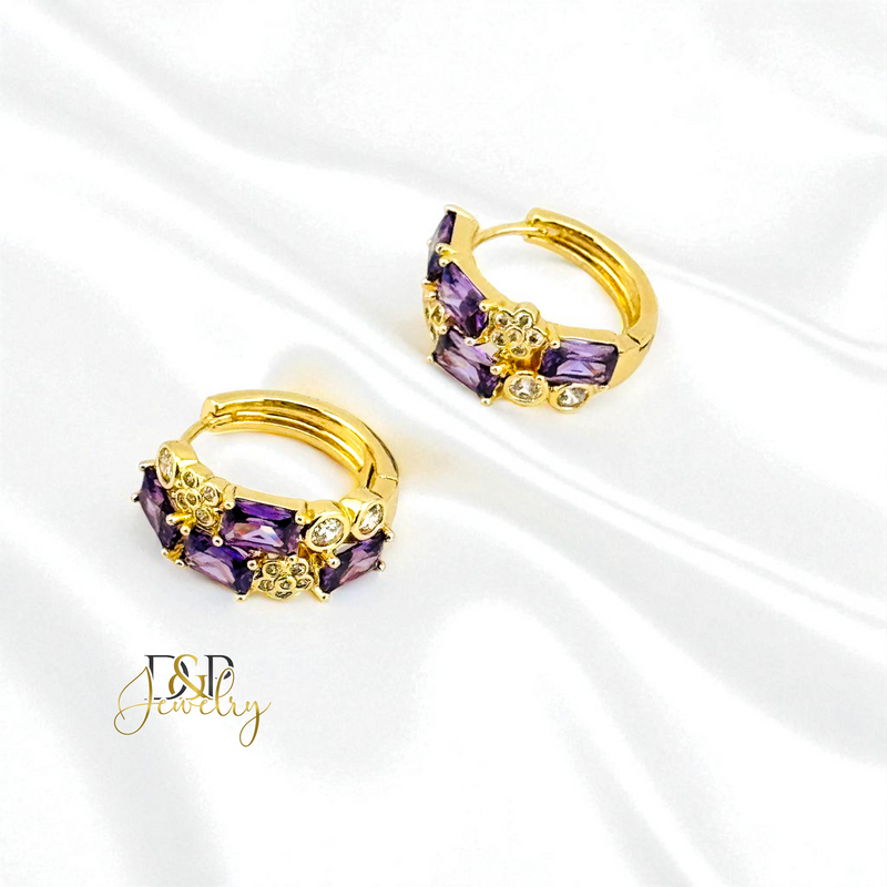 14K GOLD /SHORT COLOR STONES 4 VARIANT HOOP EARRING HP819
