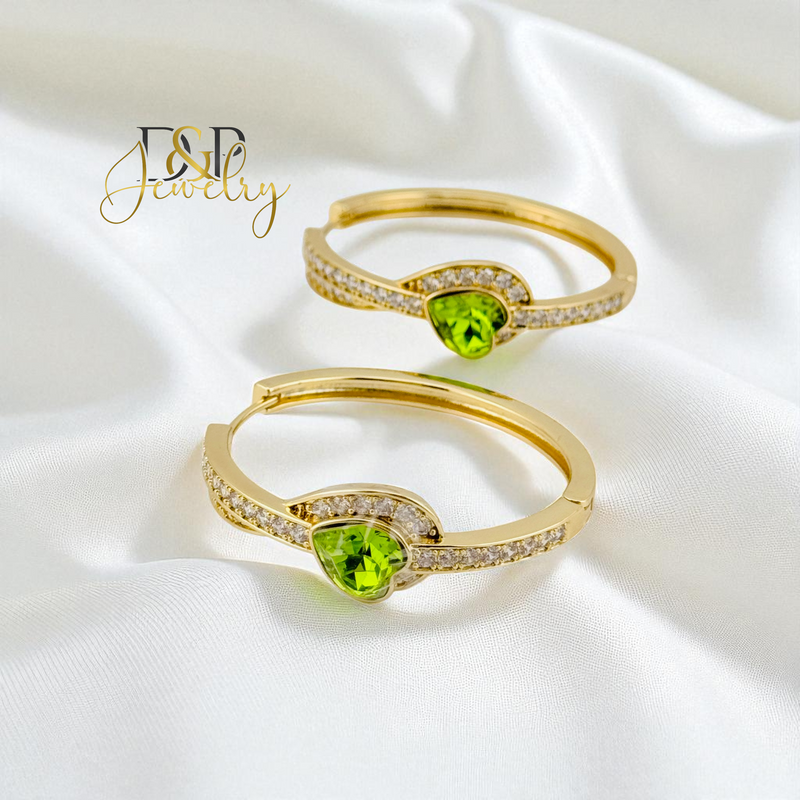 14K GOLD/LONG SIZE GREEN STONE DESIGN HOOP EARRING HP806
