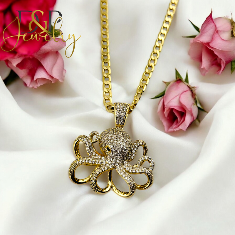 14K WHITE STONES OCTOPUS  P729