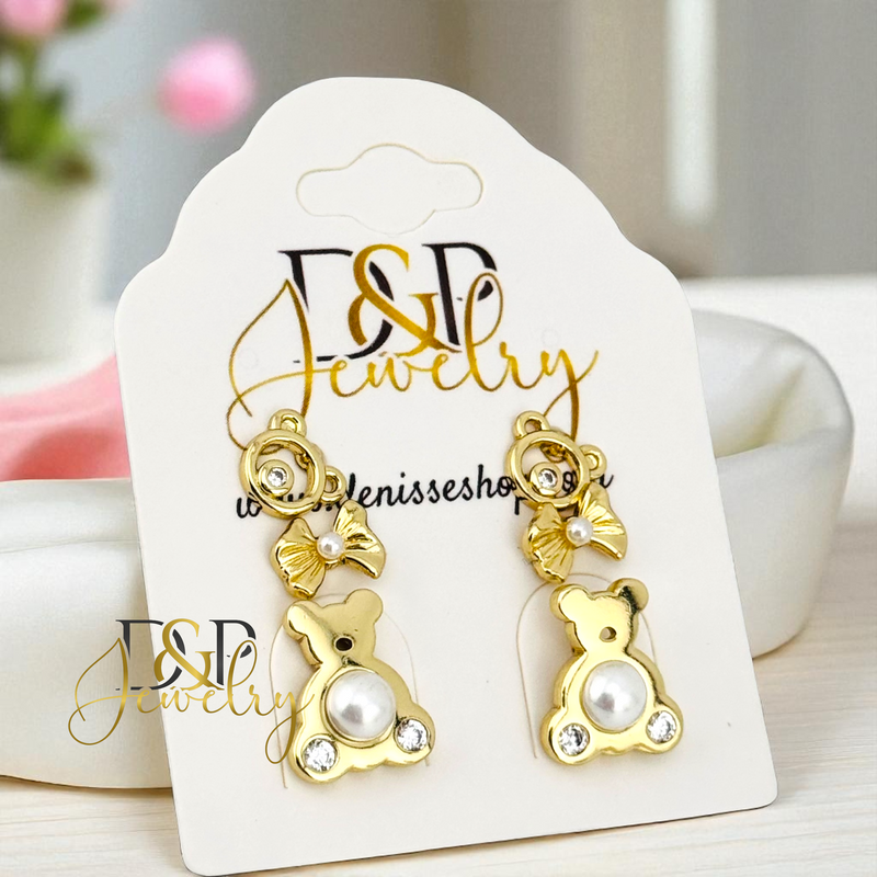 14K BEAR/PEARL DESIGN STUD SET EARRING E956