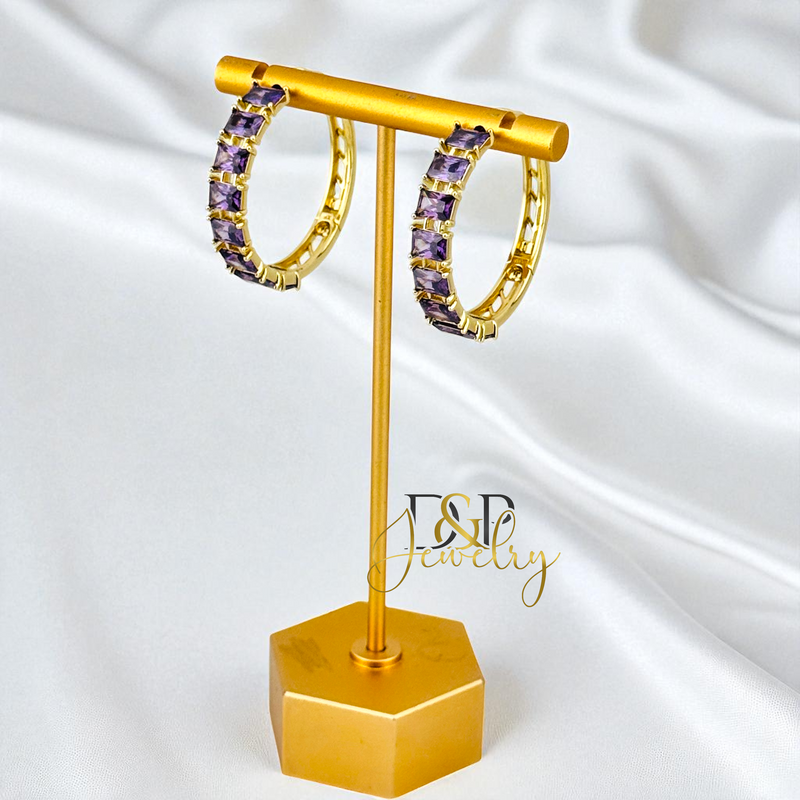 14K GOLD /LONG COLOR STONES HOOP 2 VARIANT EARRING HP817