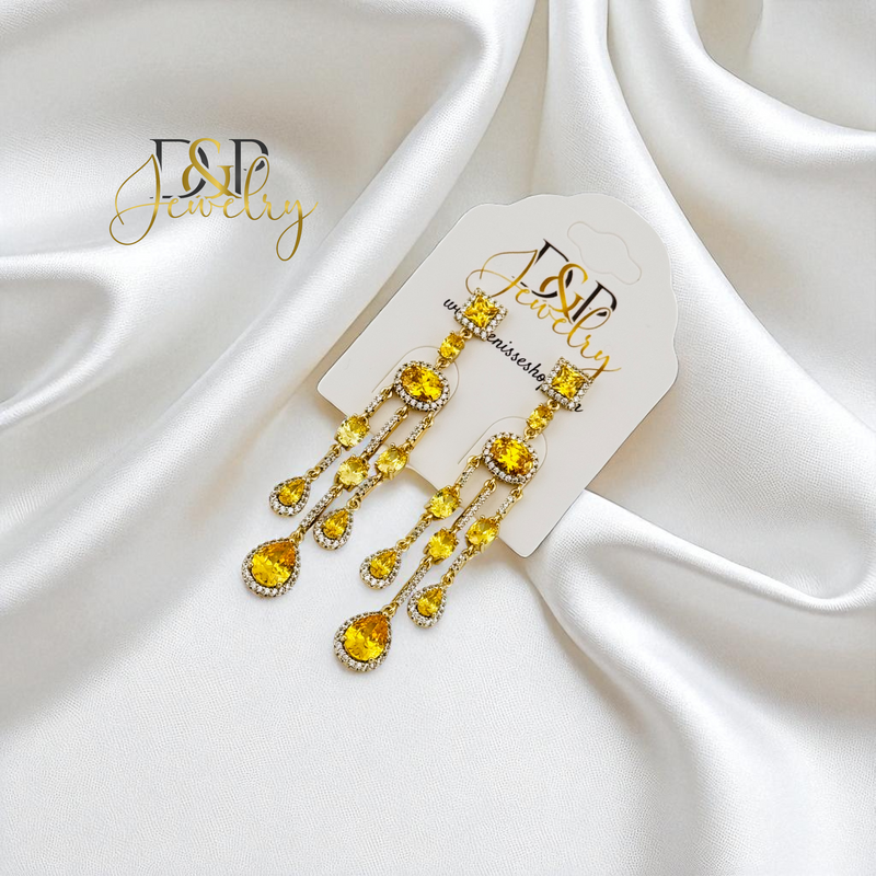 14K GOLD/LONG YELLOW STONE STUD EARRING E1011