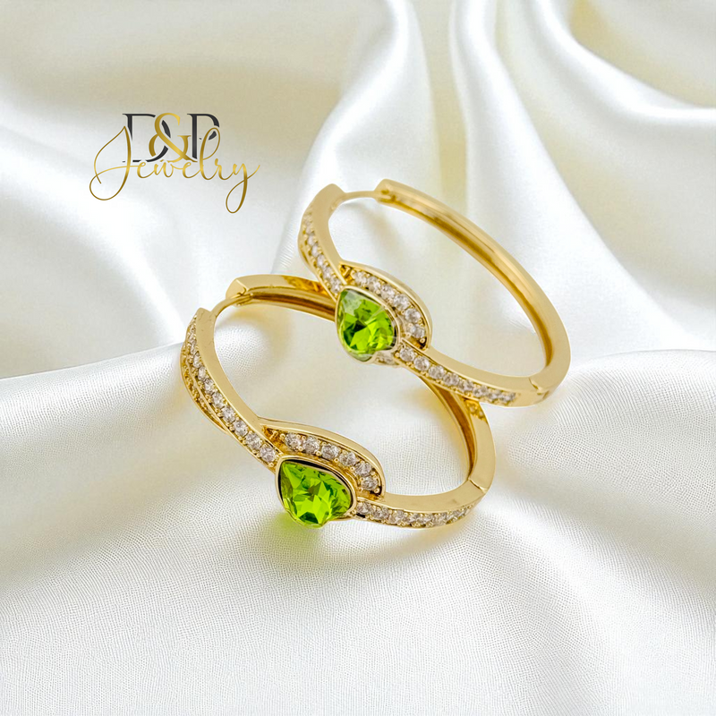 14K GOLD/LONG SIZE GREEN STONE DESIGN HOOP EARRING HP806