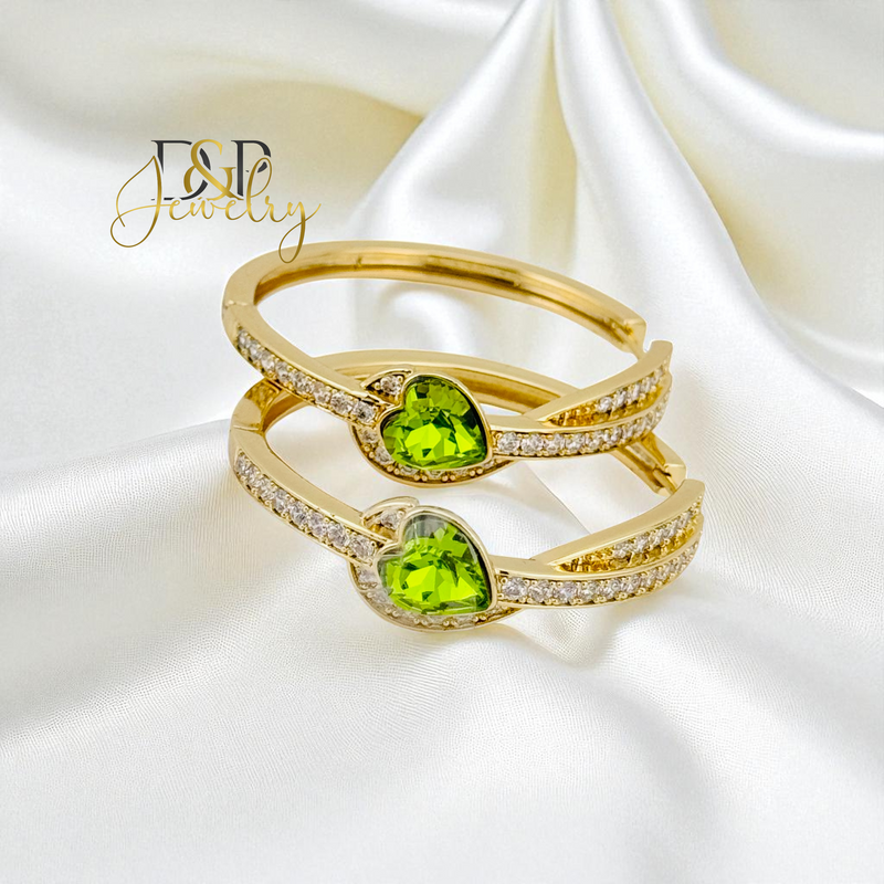 14K GOLD/LONG SIZE GREEN STONE DESIGN HOOP EARRING HP806