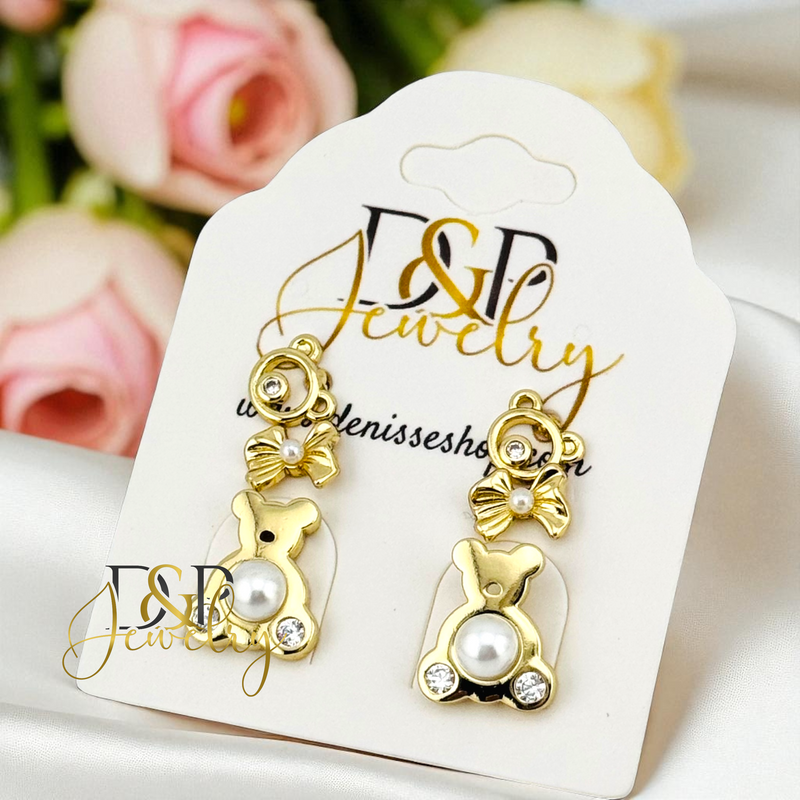 14K BEAR/PEARL DESIGN STUD SET EARRING E956