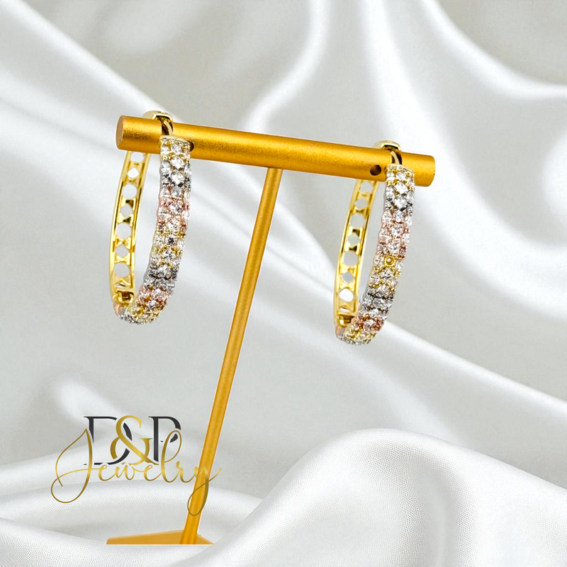 14K TRICOLOR WHITE STONE LONG  HOOP EARRING HP751