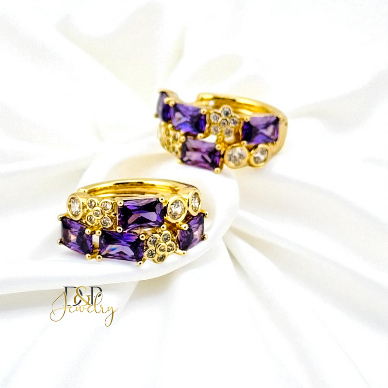 14K GOLD /SHORT COLOR STONES 4 VARIANT HOOP EARRING HP819