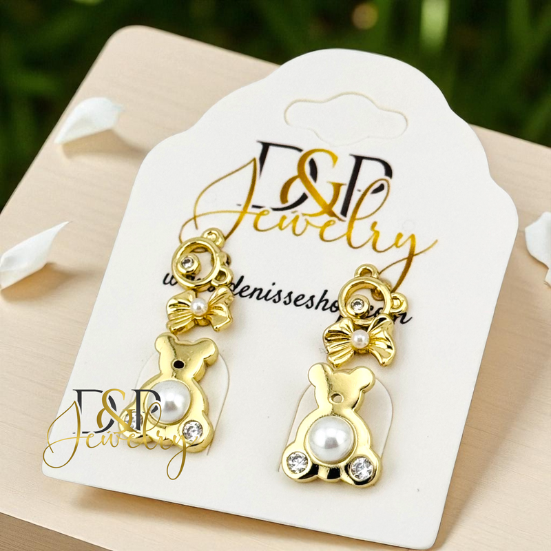 14K BEAR/PEARL DESIGN STUD SET EARRING E956