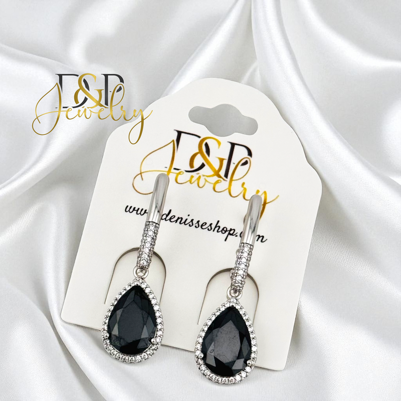 14K SILVER BLACK DROP STONE HUGGIE EARRINGS E950