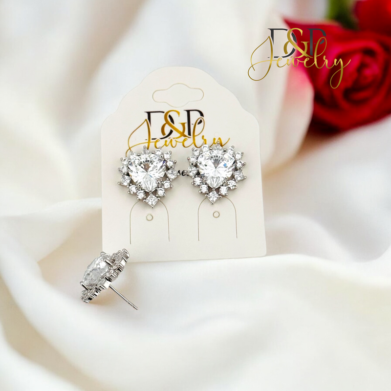 SILVER HEART WHITE STONE EARRING E874