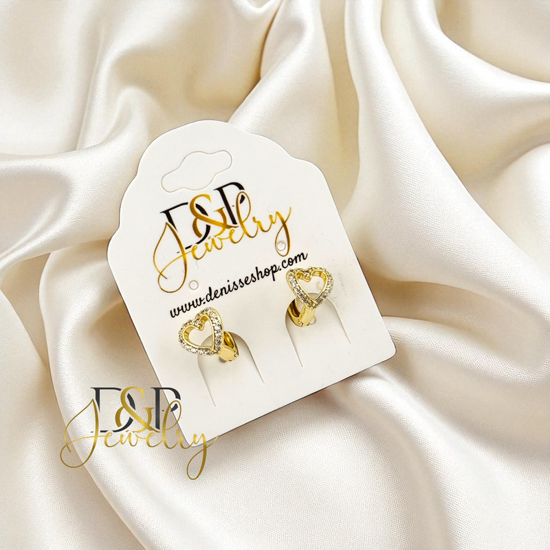 14K GOLD SMALL  HART WHITE STONES HOOP EARRING HP737