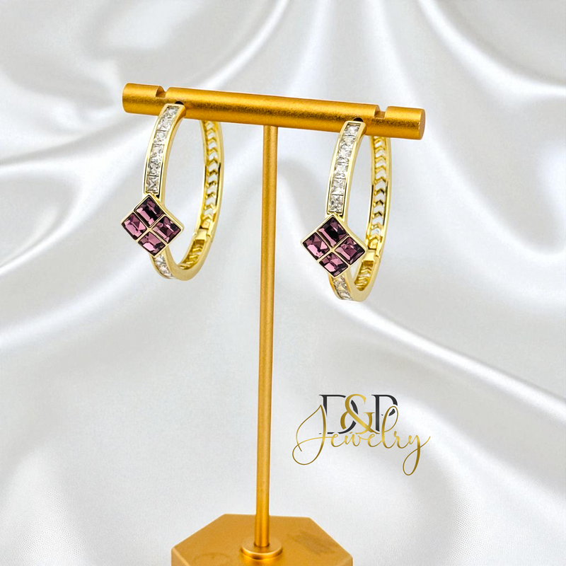 14K GOLD/LONG SIZE PURPLE STONE DESIGN HOOP EARRING HP804