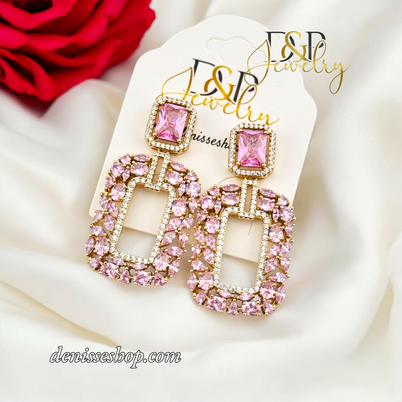 14K LUXURY PINK STONE LONG EARRING E817