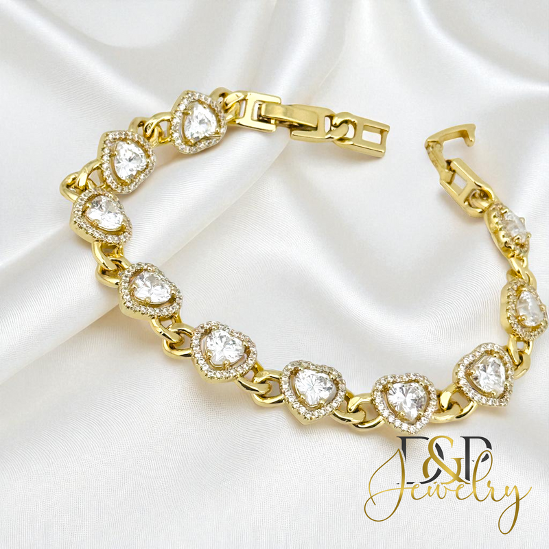 14K GOLD HEARTS/WHITE STONES BRACELET BR785