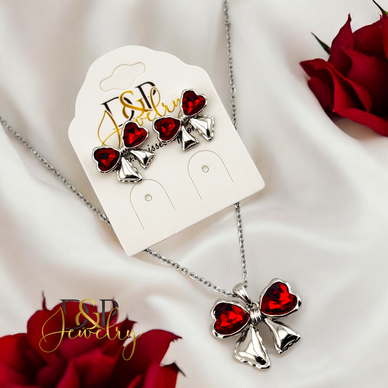 14K WOMAN SILVER RED BOW FASHION NECKLACE N253