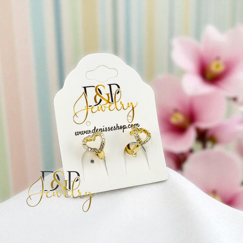 14K GOLD SMALL  HART WHITE STONES HOOP EARRING HP737