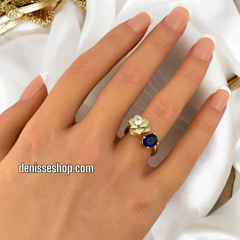 14K ADJUSTABLE FLOWER BLUE STONE RING RG215