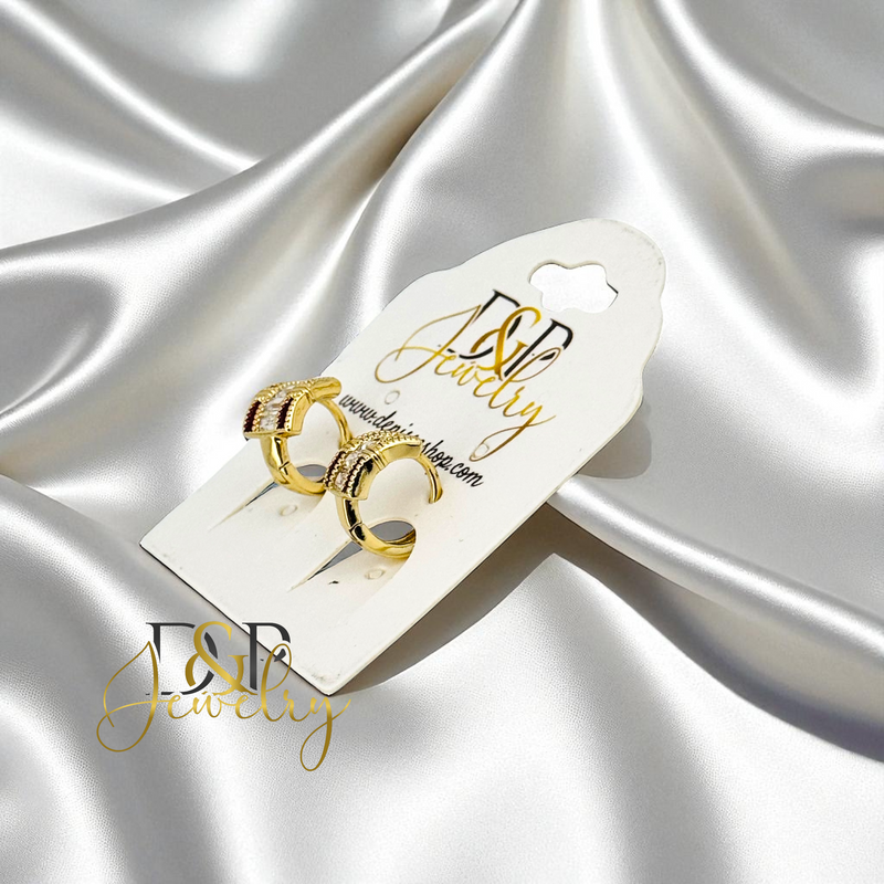 14K GOLD /WHITE /RED STONE FASHION HOOP EARRING HP742