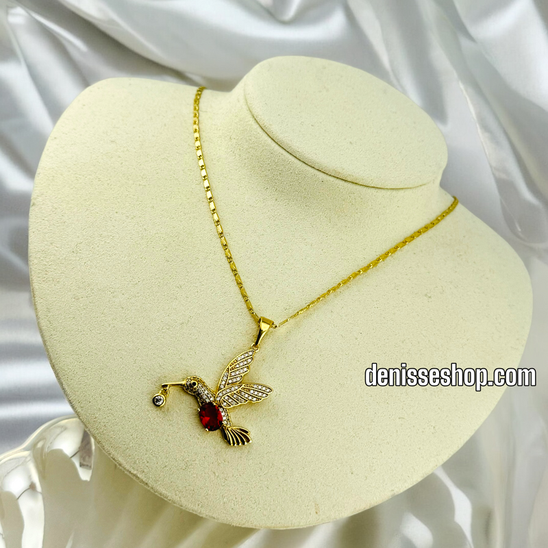 14K GOLD / WHITE/ RED STONE BIRD PENDANT P490