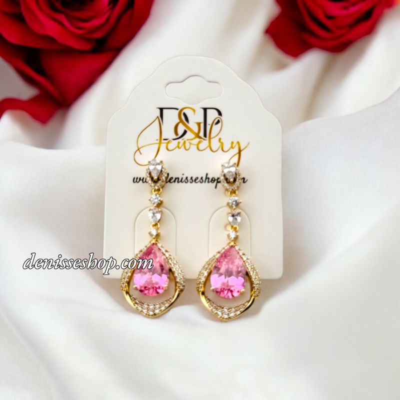 14K LUXURY PINK STONE LONG EARRING E816