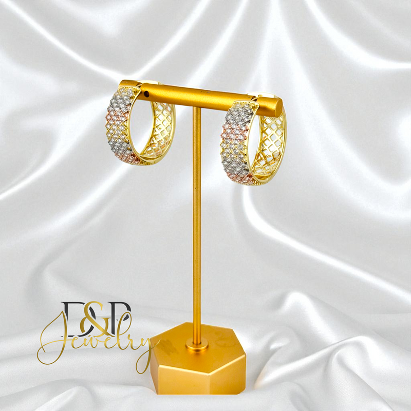 14K GOLD/WHITE STONE FASHION MEDIUM  HOOP EARRING HP749