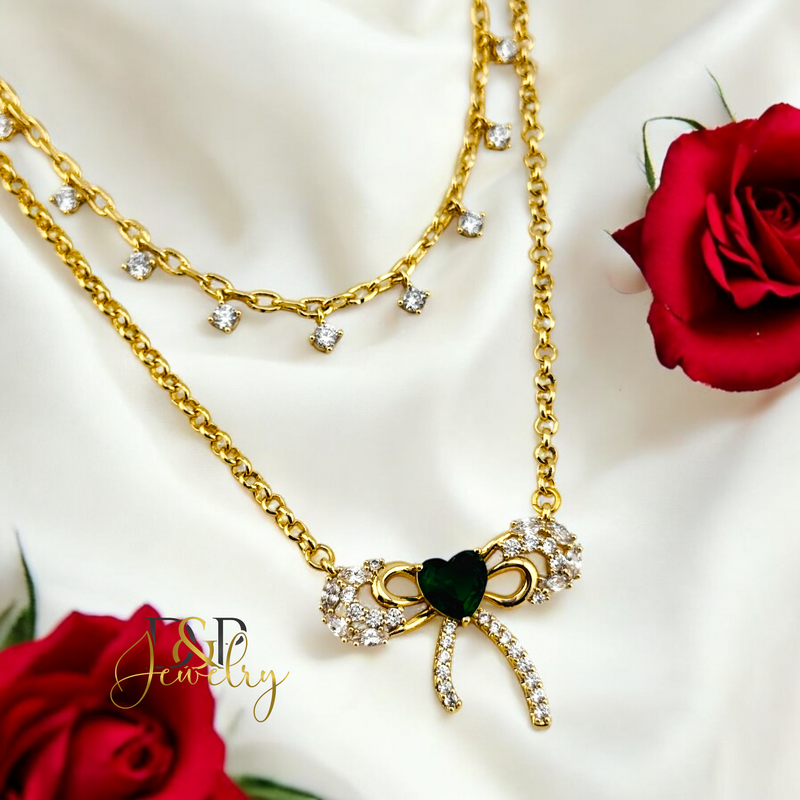14K DOUBLE LAYER GREEN BOW NECKLACE N268