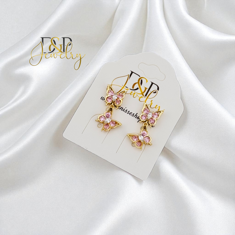 14K GOLD/ PINK DOUBLE BUTTERFLY STUD EARRING E992