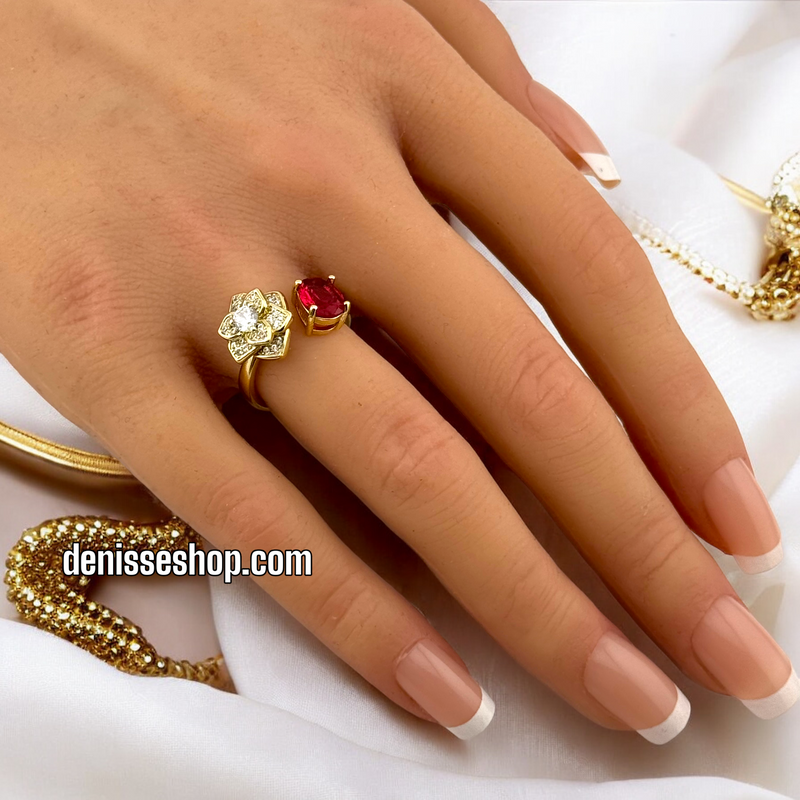 14K ADJUSTABLE FLOWER RED STONE RING RG216