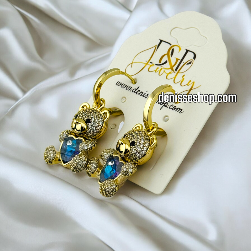 14K GOLD / BLUE STONE BEAR  EARRING E685