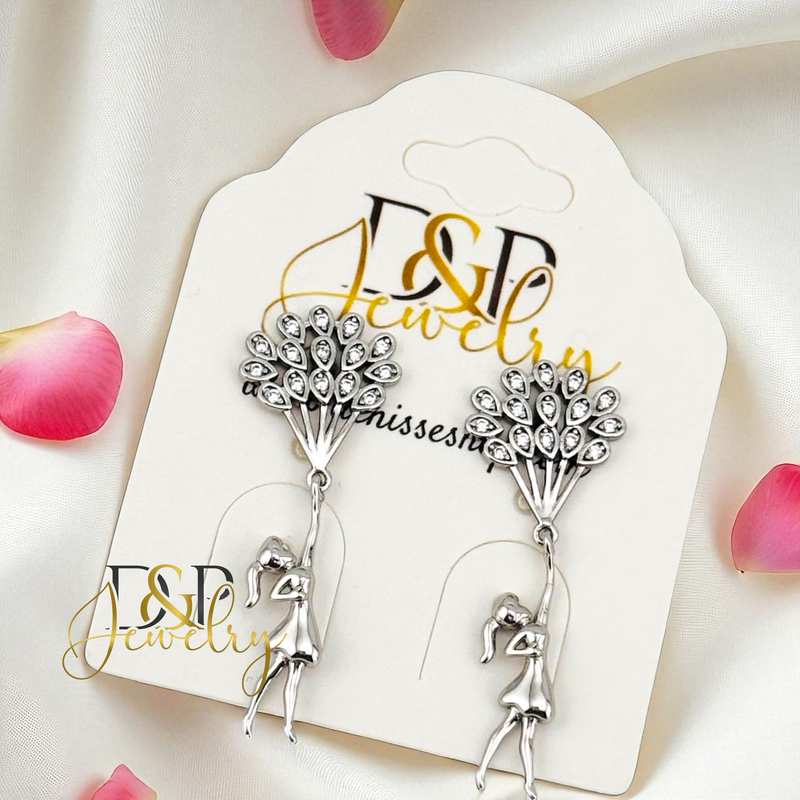 14K SILVER GIRL WITH BALLOONS DROP STUD EARRINGS E953