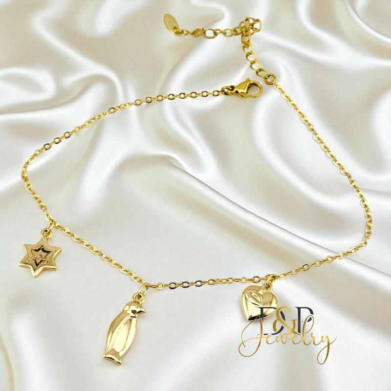 14K STAR/BIRD CHARMS ANKLET BRACELET A39
