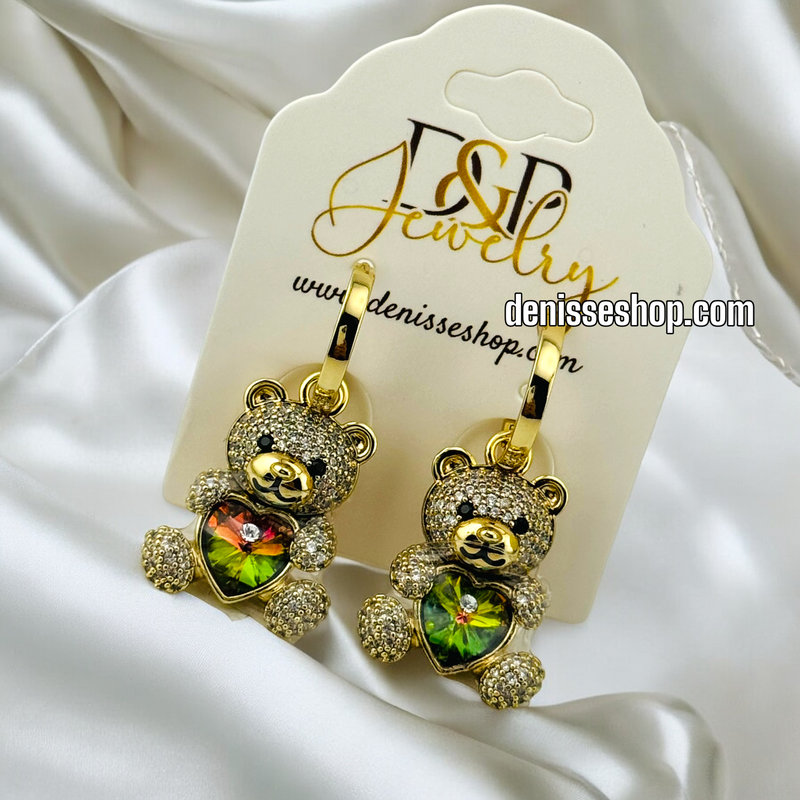 14K GOLD / MULTICOLOR STONE BEAR  EARRING E683