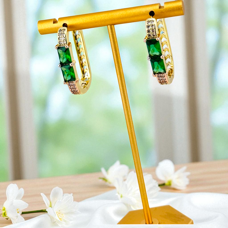 14K GOLD/GREEN MEDIUM HOOP EARRING HP754