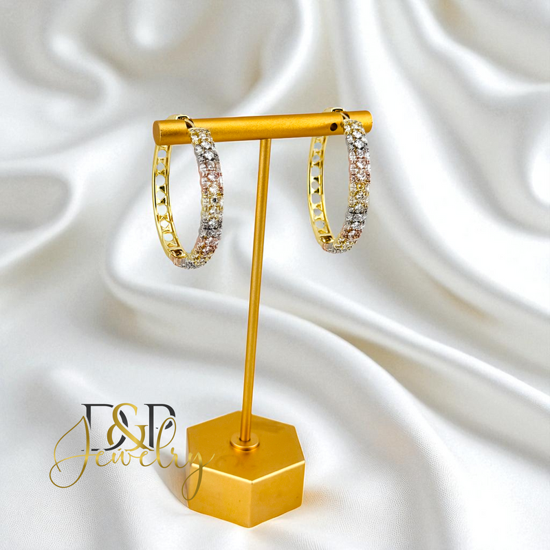 14K TRICOLOR WHITE STONE LONG  HOOP EARRING HP751