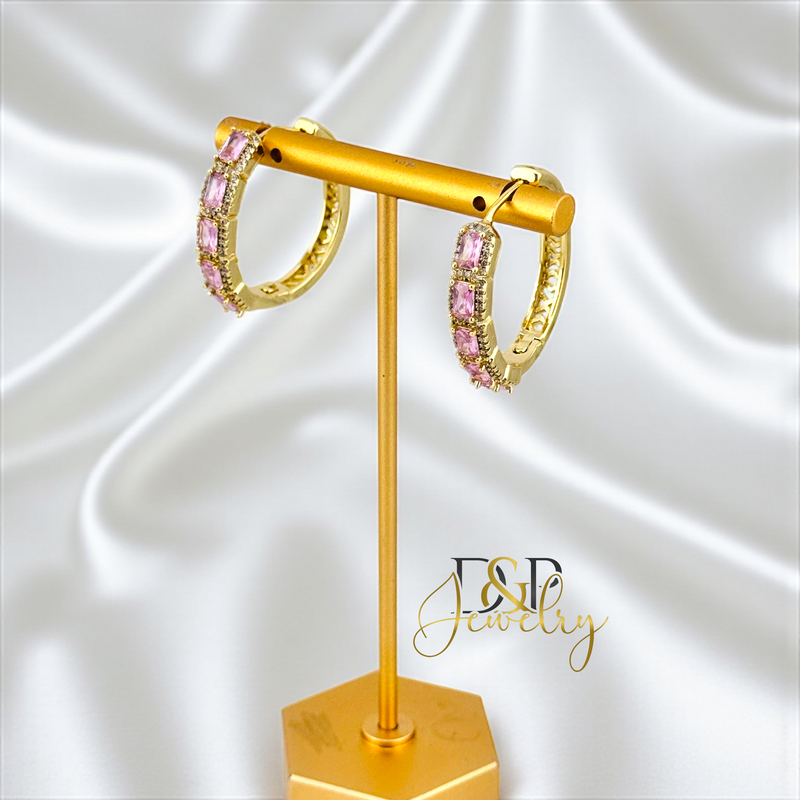 14K GOLD /PINK STONES HOOP EARRING HP832
