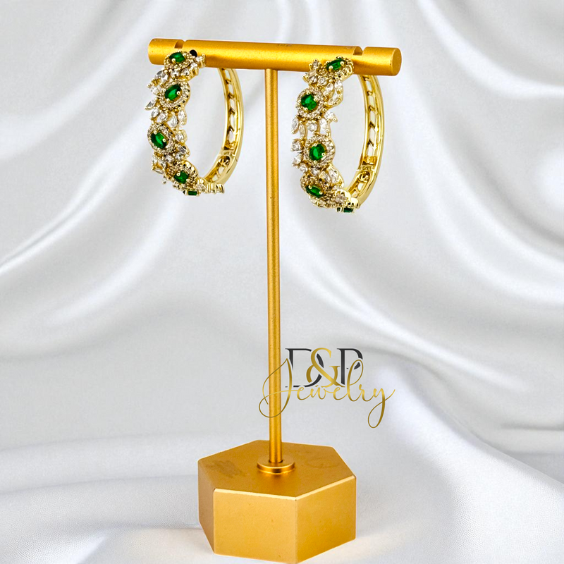 14K GOLD /LONG COLOR STONES 3 VARIANTS HOOP EARRING HP814