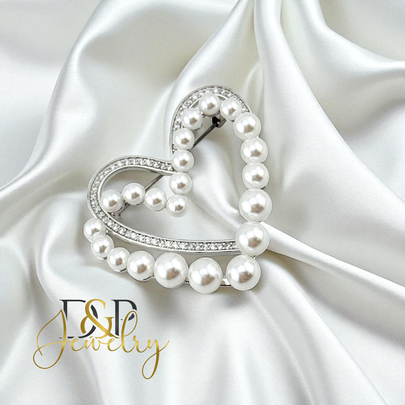 14K SILVER HEART WITH PEARLS BROOCH PIN P924