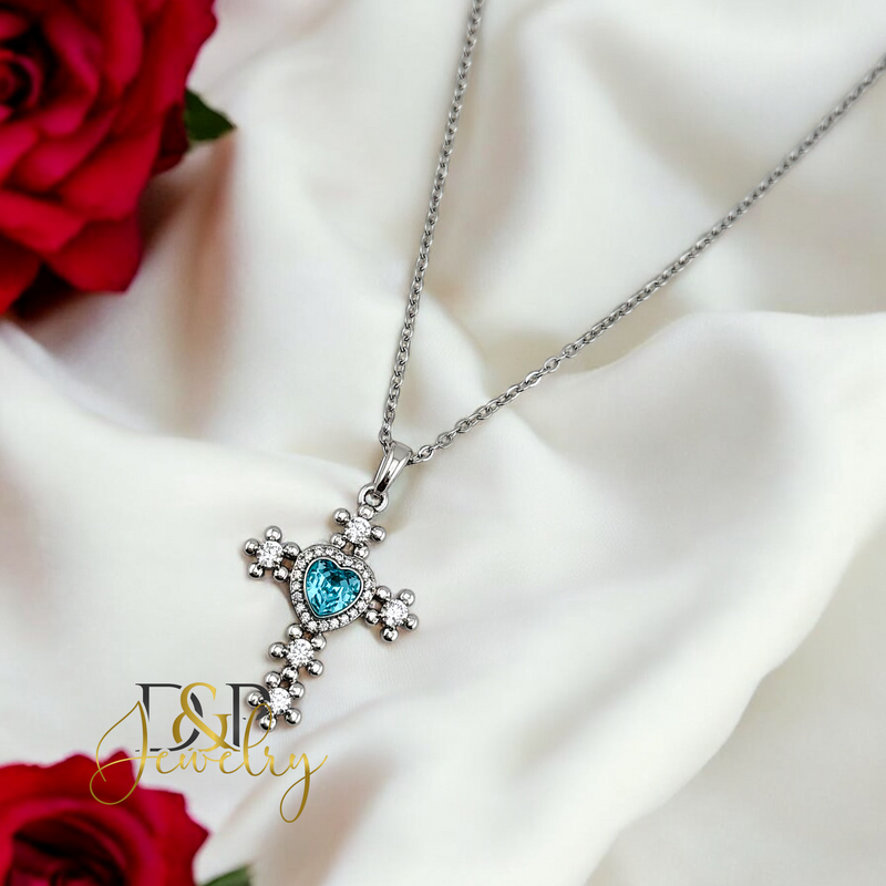 14K WOMAN SILVER BLUE CROSS FASHION NECKLACE N254