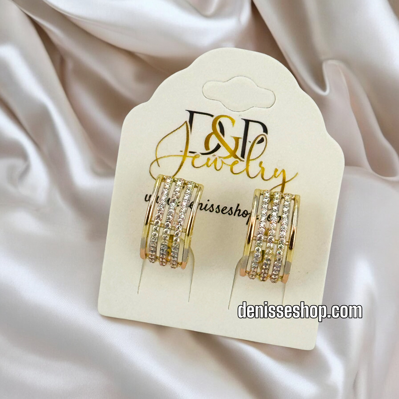 14K TRICOLOR WHITE STONES EARRING E726