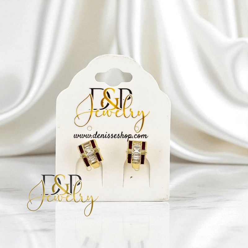 14K GOLD /WHITE /RED STONE FASHION HOOP EARRING HP742