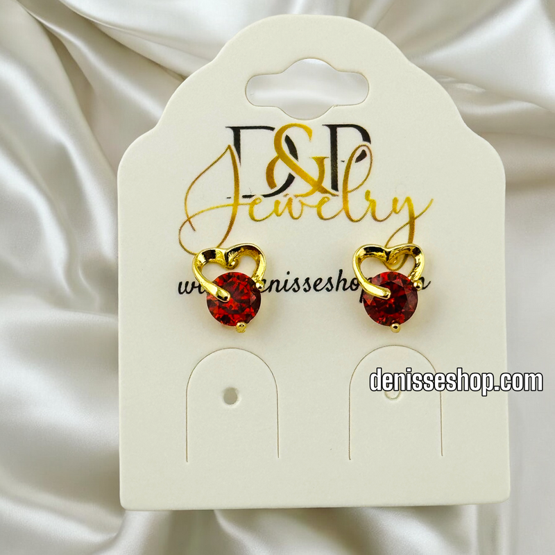 14K GOLD HEART/ RED STONE EARRING E662