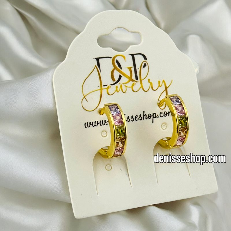 14K GOLD MULTICOLOR STONE HOOP EARRING HP483