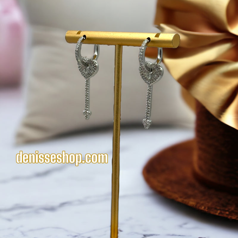 WHITE STONE SILVER KEY EARRING E269