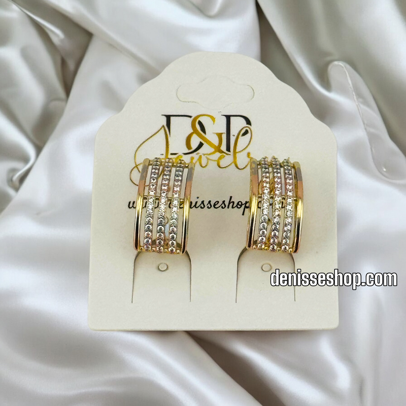 14K TRICOLOR WHITE STONES EARRING E726